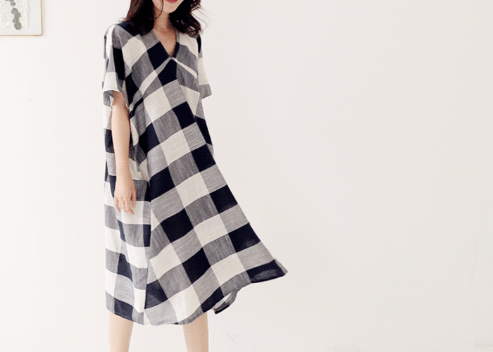 no.8718 사각체크  linen dress